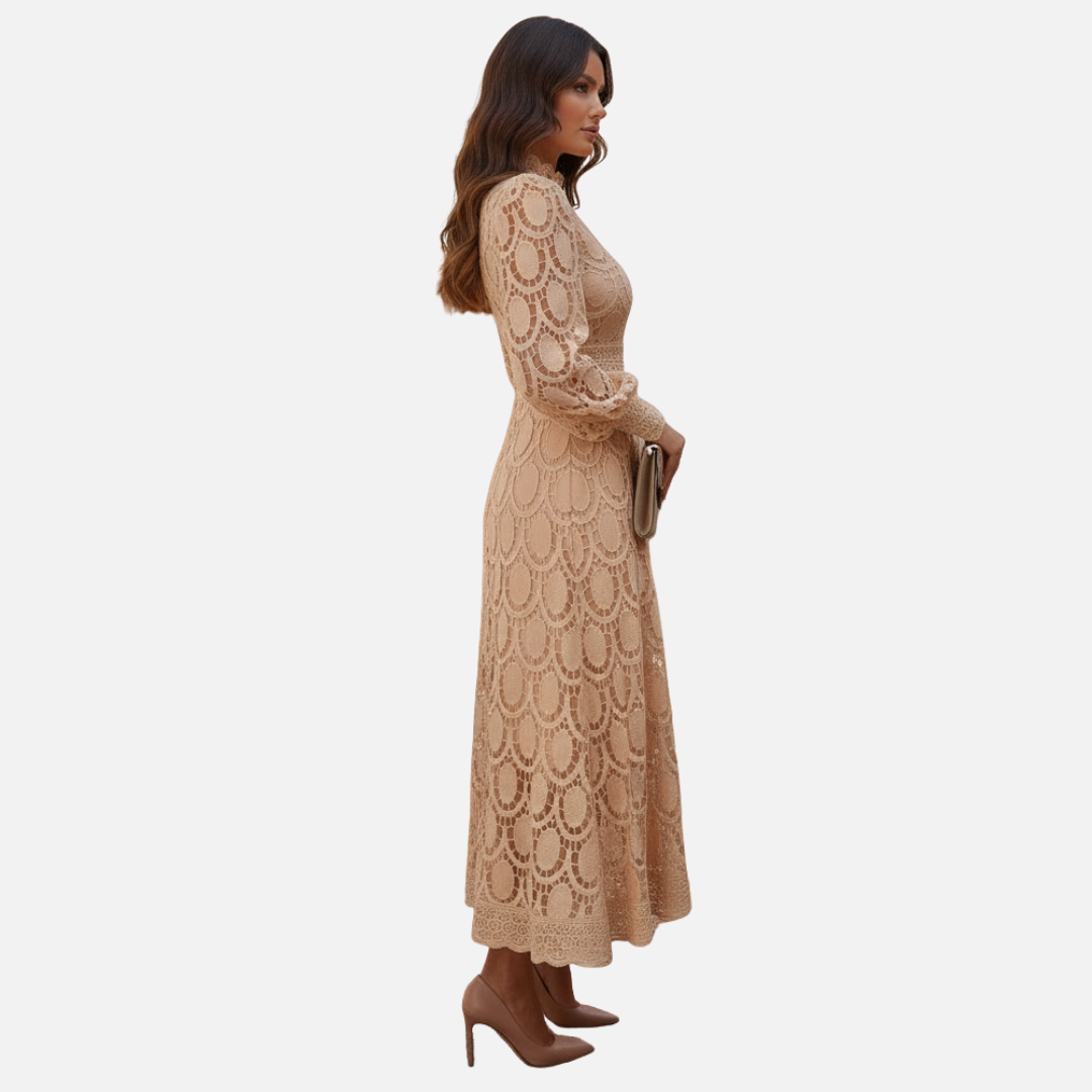 Women Elegant  Long Sleeve Lace Midi Dress