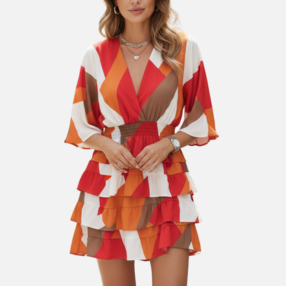 Women’s Vibrant Abstract Print Mini Dress – Flowy V-Neck Short Dress