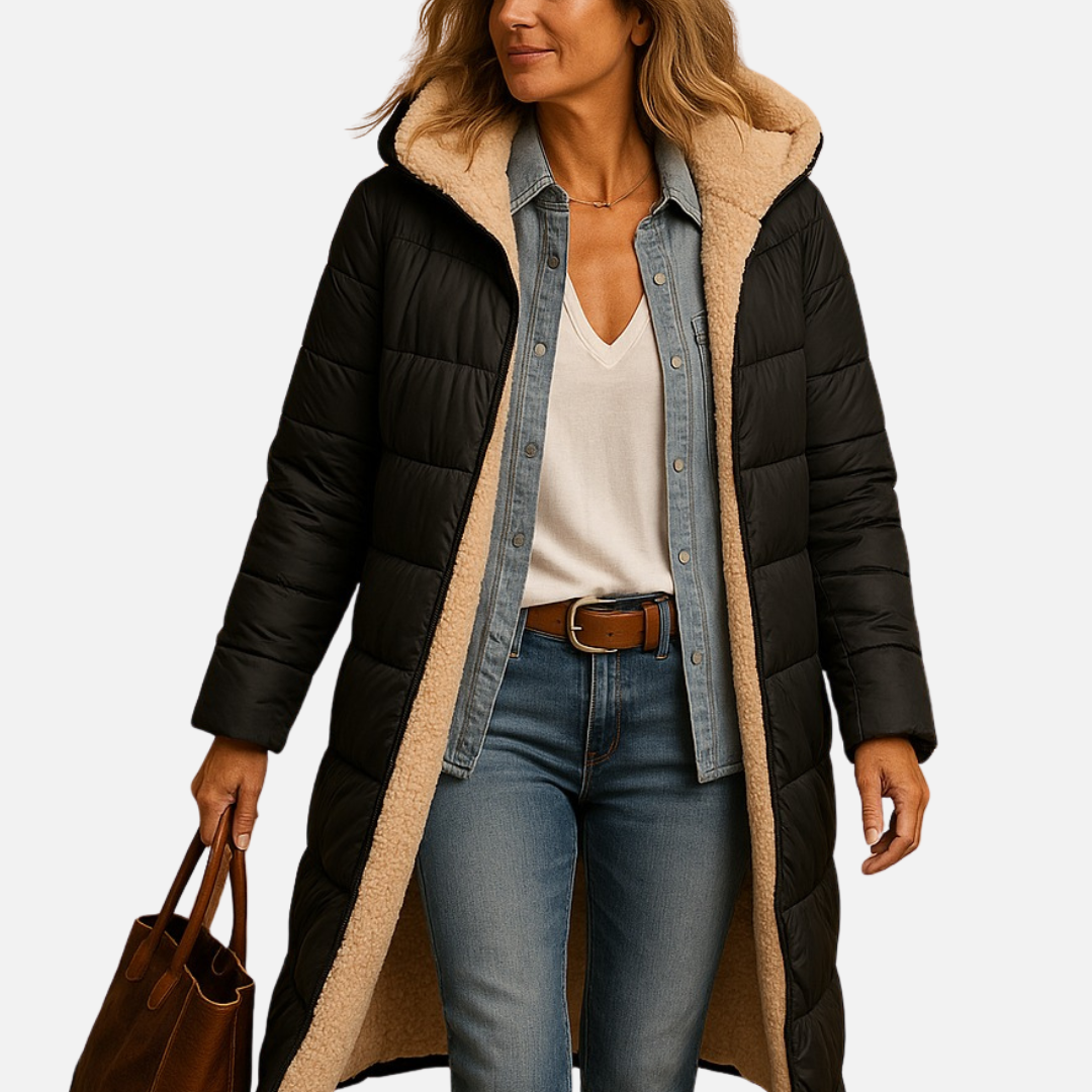 Women's Longline Puffer Jacket - Warm Sherpa Lined Hooded Parka Coat