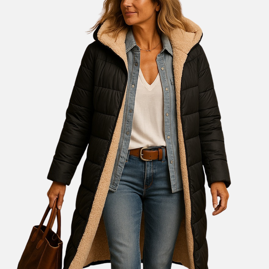 Women's Longline Puffer Jacket - Warm Sherpa Lined Hooded Parka Coat