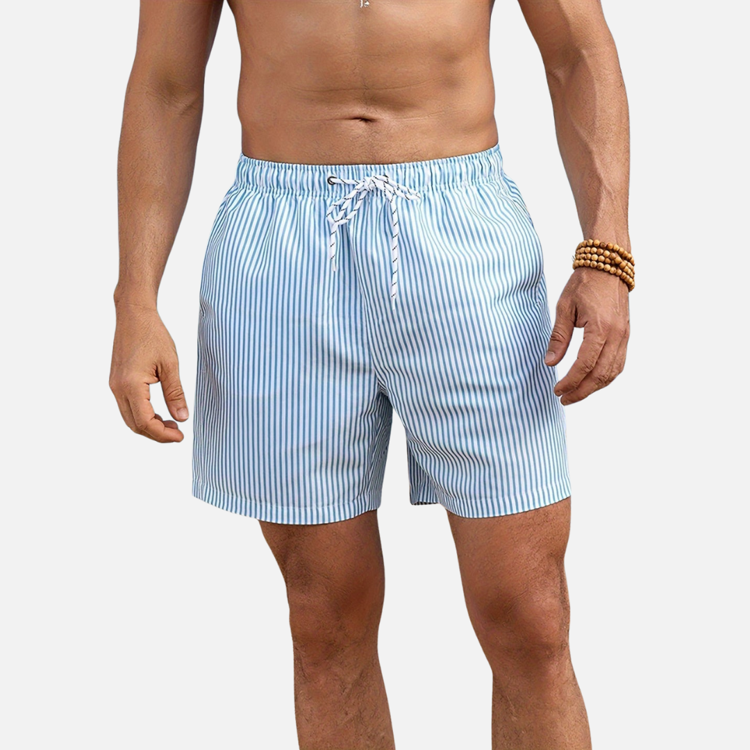 Men’s Striped Beach Swim Shorts with Drawstring