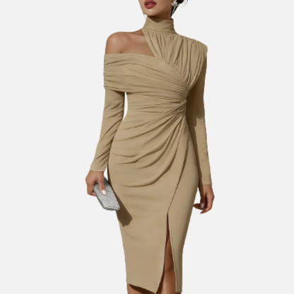 Women's Midi Dress Ruched High-Neck