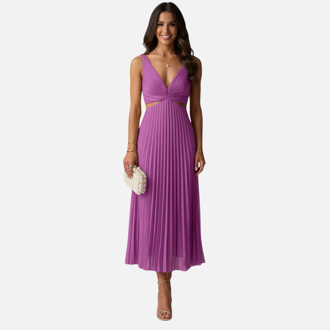 Women's Pleated V-Neck Midi Dress