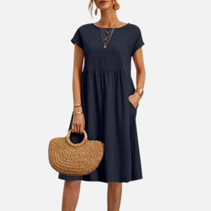 Women’s Casual Linen Midi Dress with Short Sleeves