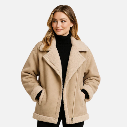 Women's Sherpa Aviator Jacket - Suede Biker Coat with Faux Fur Lining