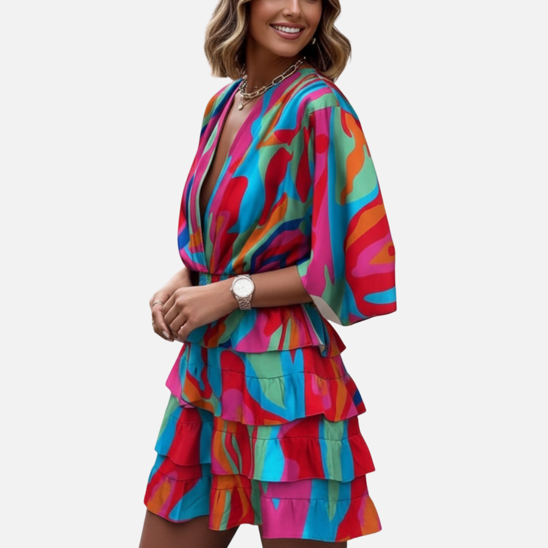 Women’s Vibrant Abstract Print Mini Dress – Flowy V-Neck Short Dress