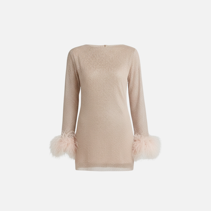 Women's Chic Feather Trim Mini Dress - Long Sleeve Sparkly Party Dress