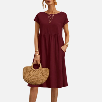 Women’s Casual Linen Midi Dress with Short Sleeves