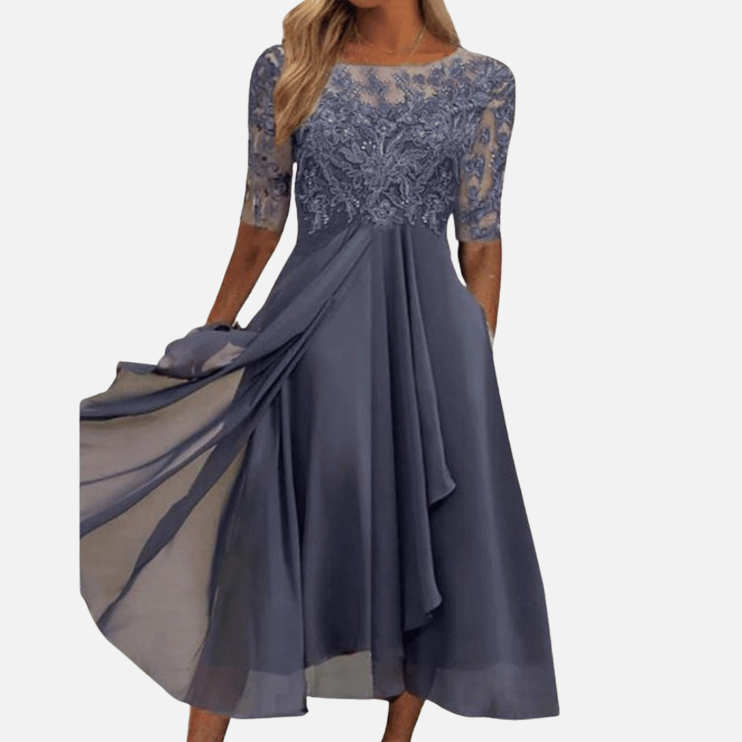 Women's Elegant Lace Chiffon Midi Dress