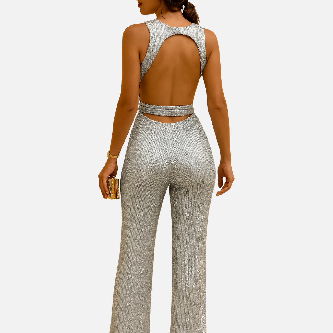 Backless Glitter Jumpsuit – Elegant Party Outfit