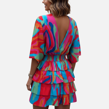 Women’s Vibrant Abstract Print Mini Dress – Flowy V-Neck Short Dress