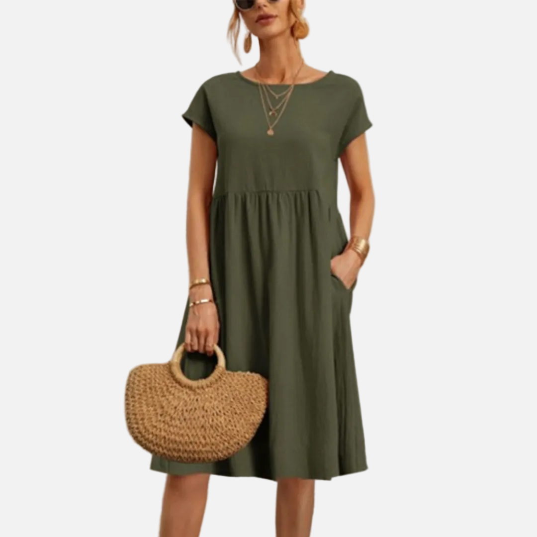 Women’s Casual Linen Midi Dress with Short Sleeves