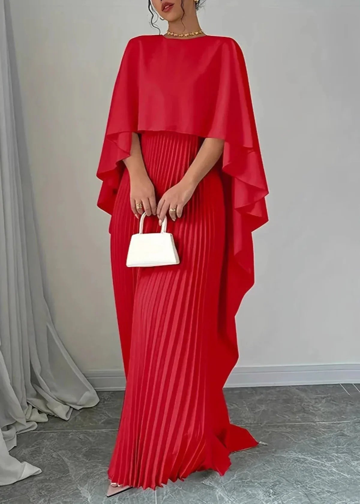 Makayla | Women’s Wedding Guest Pleated Cape Maxi Dress 3
